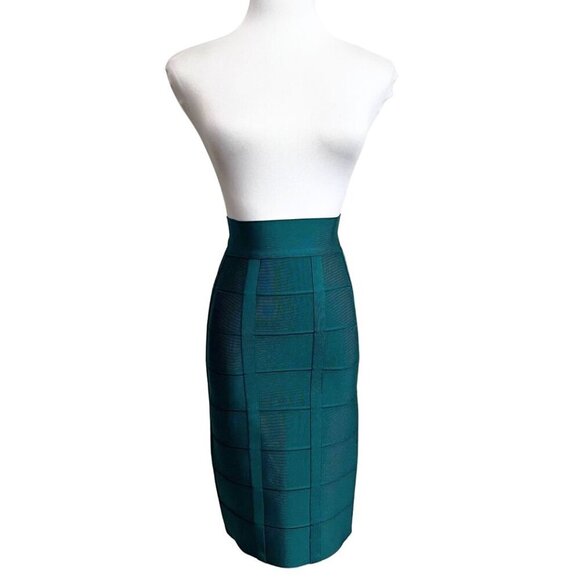 NWT HERVÉ LEGER EMERALD GREEN BANDAGE HIGH RISE PENCIL SKIRT - XS - Picture 2 of 15